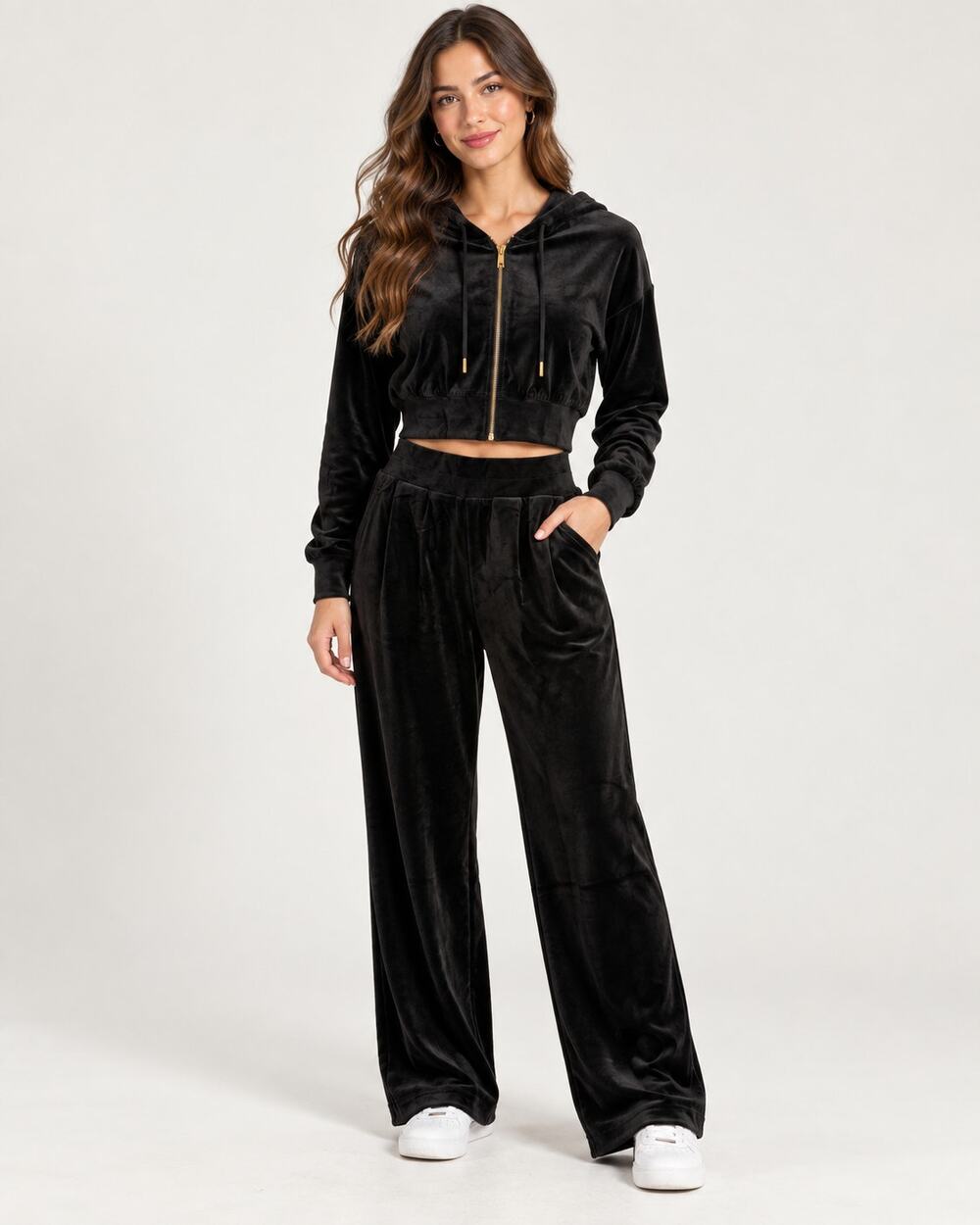 ZENANA Women’s Small Black Velour 2 Piece Tracksuit Zip Hoodie Pants Set